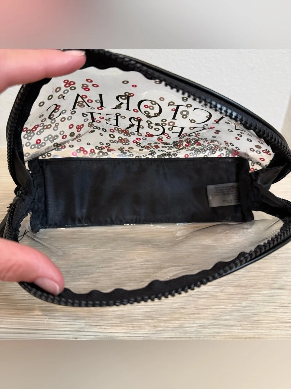 Victoria's Secret Clear Cosmetic Pouch with Red, Gold, White & Black Sequins